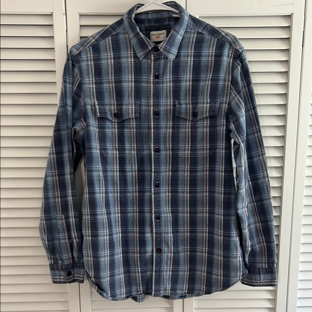 Dockers Blue Plaid 100%Cotton Men’s Long Sleeve Work Shirt Med.